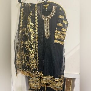 Embellished Black & Gold Women's Dress with Dupatta